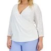 Kasper Plus Size Faux-Wrap 3/4-Sleeve Eyelet Top