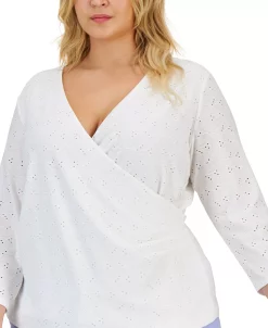 Kasper Plus Size Faux-Wrap 3/4-Sleeve Eyelet Top -Anne Klein Sales Store 23046043 fpx