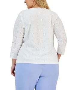 Kasper Plus Size Faux-Wrap 3/4-Sleeve Eyelet Top -Anne Klein Sales Store 23046044 fpx