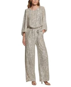 Vince Camuto Women's Jewel-Neck Tie-Waist Sequin Jumpsuit
