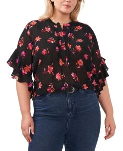 Vince Camuto Plus Size Floral Flutter-Sleeve Blouse