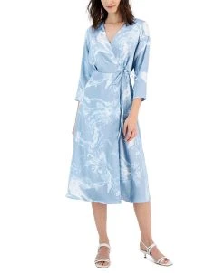 Alfani Women's Printed 3/4-Sleeve Midi Satin Wrap Dress, Created For Macy's