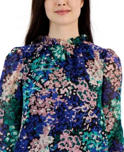 Anne Klein Women's Floral-Print Ruffled-Neck Blouse -Anne Klein Sales Store 23098545 fpx
