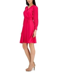 Anne Klein Women's V-Neck Pleated-Long-Sleeve Dress -Anne Klein Sales Store 23139029 fpx