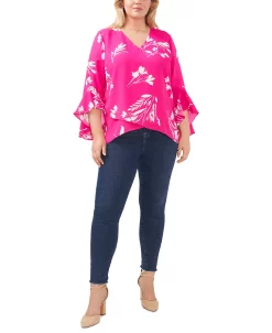 Vince Camuto Plus Size Flutter Sleeve Floral Whisps V-Neck Tunic -Anne Klein Sales Store 23139328 fpx