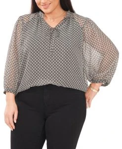 Vince Camuto Plus Size Printed Split-Neck Peasant Top