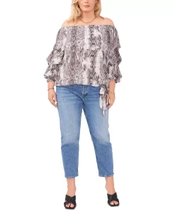 Vince Camuto Plus Size Snakeskin-Print Off-The-Shoulder Bubble-Sleeve Top -Anne Klein Sales Store 23149699 fpx