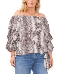 Vince Camuto Plus Size Snakeskin-Print Off-The-Shoulder Bubble-Sleeve Top