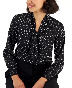 Anne Klein Women's Printed Tie-Neck Long-Sleeve Top -Anne Klein Sales Store 23151242 fpx
