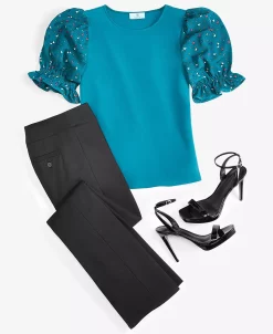 CeCe Women's Mixed Media Puff Sleeve Top -Anne Klein Sales Store 23158687 fpx