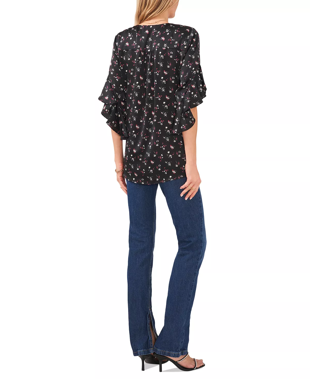 Vince Camuto Women's Printed Ruffled-Sleeve Overlap Hem Blouse 4 Vince Camuto Women's Printed Ruffled-Sleeve Overlap Hem Blouse - Image 4