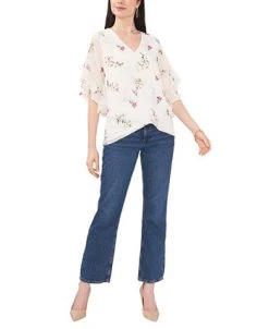 Vince Camuto Women's Printed Ruffled-Sleeve Overlap Top -Anne Klein Sales Store 23186135 fpx