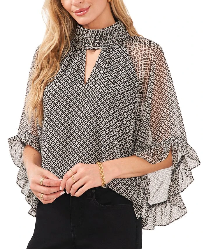 Vince Camuto Women's Printed Mock-Neck Keyhole Fan-Sleeve Blouse 1 Vince Camuto Women's Printed Mock-Neck Keyhole Fan-Sleeve Blouse