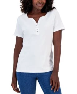 Karen Scott Hort Sleeve Henley Top, Created For Macy's