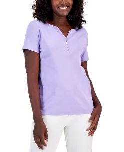 Karen Scott Hort Sleeve Henley Top, Created For Macy's -Anne Klein Sales Store 23186910 fpx
