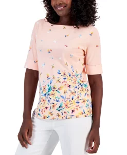 Karen Scott Women's Tulerie Dream Printed Elbow-Sleeve Top, Created For Macy's