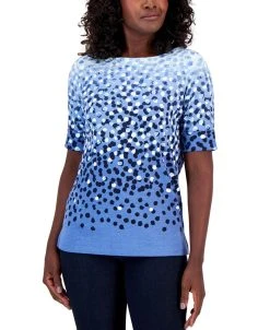 Karen Scott Women's Dot-Print Boat-Neck Elbow-Sleeve Top, Created For Macy's
