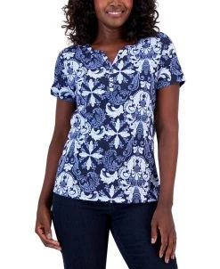Karen Scott Women's Fleur De Lis Printed Henley Top, Created For Macy's