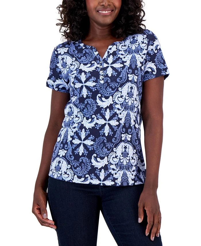 Karen Scott Women's Fleur De Lis Printed Henley Top, Created For Macy's 1 Karen Scott Women's Fleur De Lis Printed Henley Top, Created For Macy's