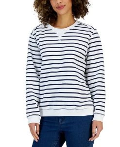 Karen Scott Women's Striped Fleece Crewneck Sweatshirt, Created For Macy's