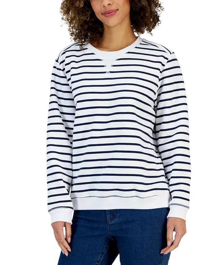 Karen Scott Women's Striped Fleece Crewneck Sweatshirt, Created For Macy's 1 Karen Scott Women's Striped Fleece Crewneck Sweatshirt, Created For Macy's
