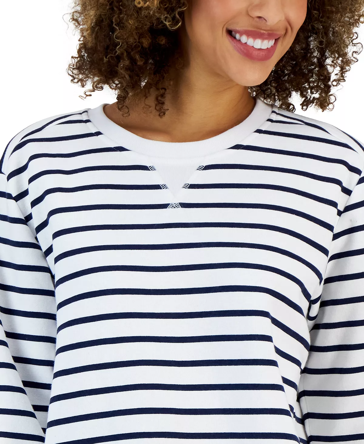 Karen Scott Women's Striped Fleece Crewneck Sweatshirt, Created For Macy's 3 Karen Scott Women's Striped Fleece Crewneck Sweatshirt, Created For Macy's - Image 3