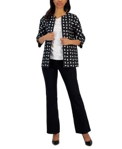 Anne Klein Women's Jacquard Topper, Cowlneck Blouse & Denim Flare-Leg Pants