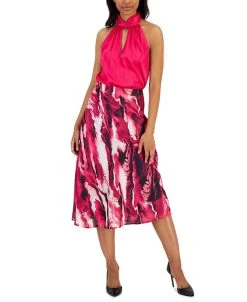 Anne Klein Twist-Neck Halter Top & Printed Fit & Flare Skirt