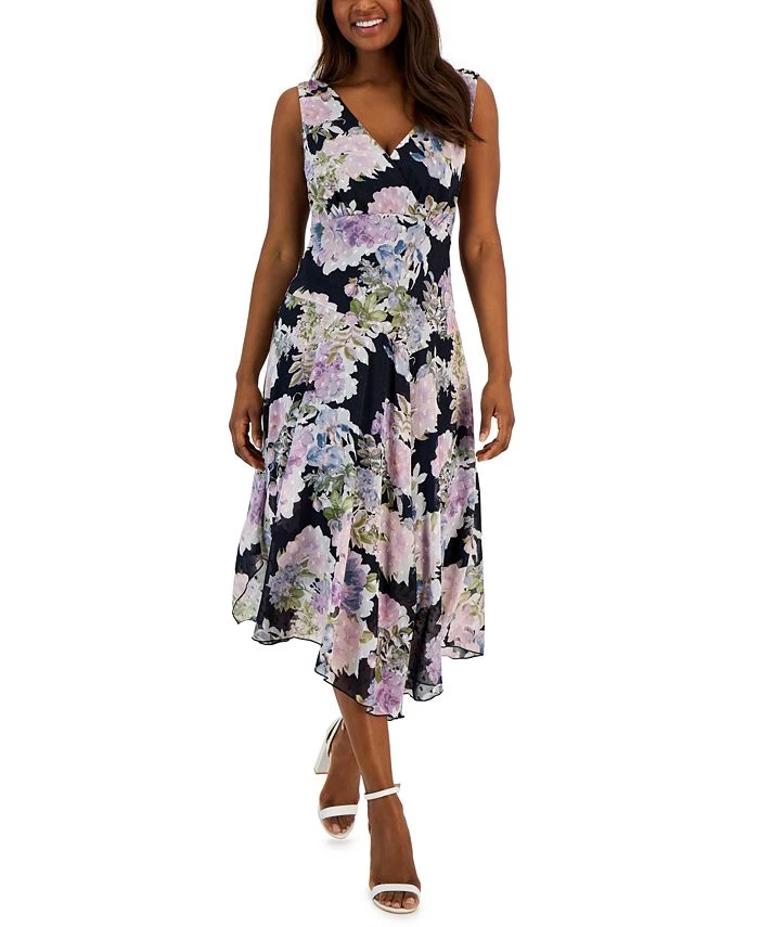 Connected Women's Floral-Print Handkerchief-Hem Midi Dress 1 Connected Women's Floral-Print Handkerchief-Hem Midi Dress