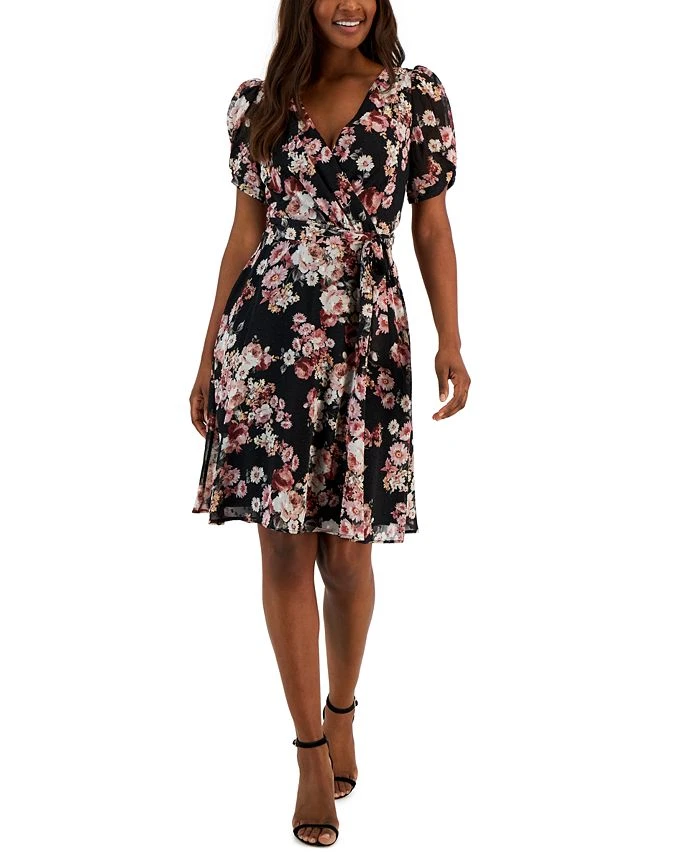 Connected Women's Floral Swiss-Dot Twist-Sleeve Sheath Dress 1 Connected Women's Floral Swiss-Dot Twist-Sleeve Sheath Dress