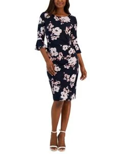Connected Women's Floral-Print Flared-Sleeve Sheath Dress
