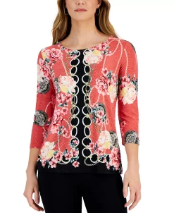 JM Collection Women's Chain Story 3/4-Sleeve Top, Created For Macy's