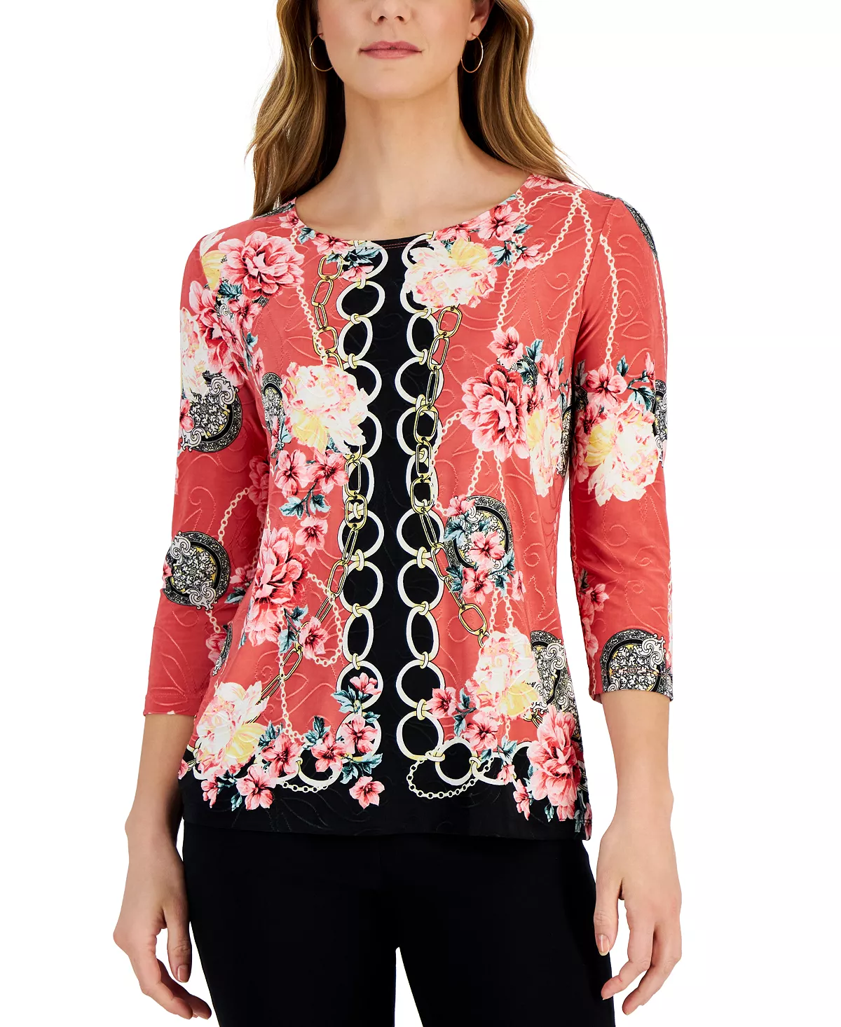 JM Collection Women's Chain Story 3/4-Sleeve Top, Created For Macy's 1 JM Collection Women's Chain Story 3/4-Sleeve Top, Created For Macy's