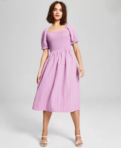 And Now This Women's Textured Smocked Puff Sleeve Midi Dress -Anne Klein Sales Store 23272244 fpx