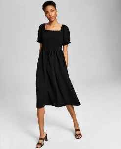 And Now This Women's Textured Smocked Puff Sleeve Midi Dress