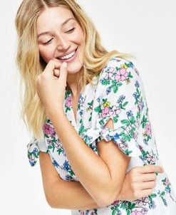 Charter Club Women's Linen Floral Tie-Sleeve Top, Created For Macy's -Anne Klein Sales Store 23306614 fpx