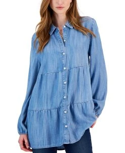 Style & Co Women's Tiered Button-Up Long-Sleeve Chambray Shirt, Created For Macy's