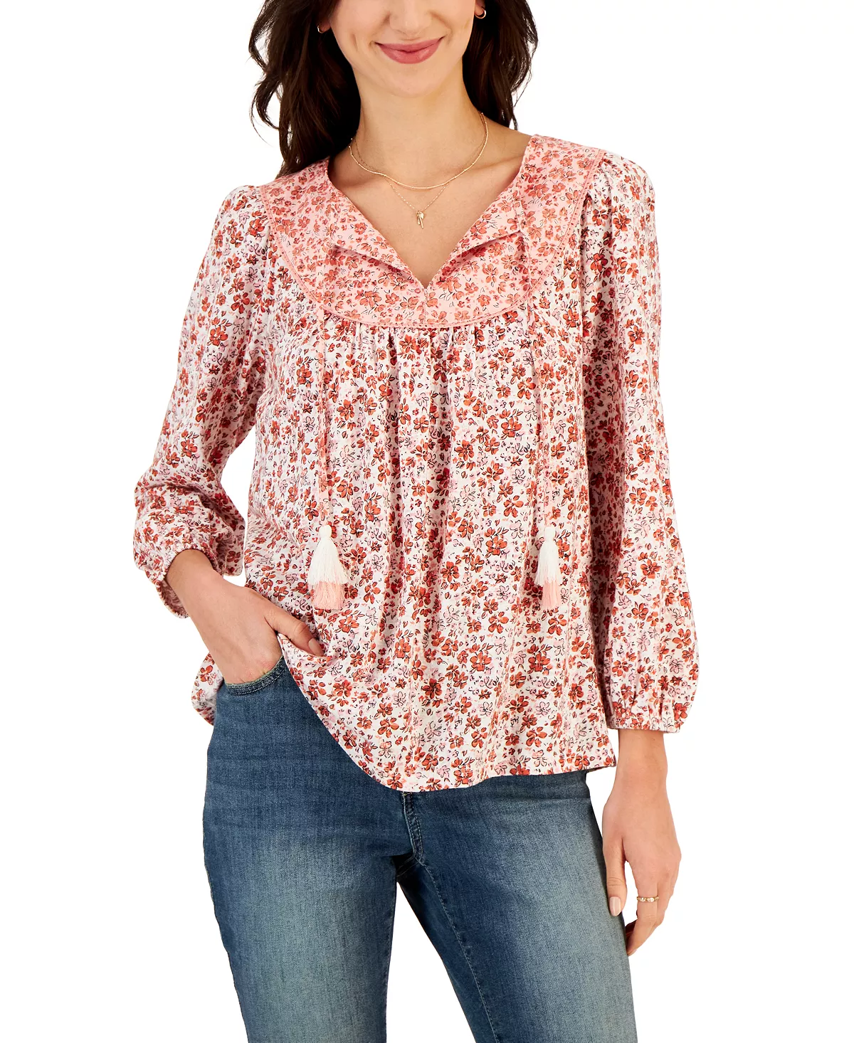 Style & Co Women's Floral Printed Tasseled Peasant Top, Created For Macy's 5 Style & Co Women's Floral Printed Tasseled Peasant Top, Created For Macy's - Image 5