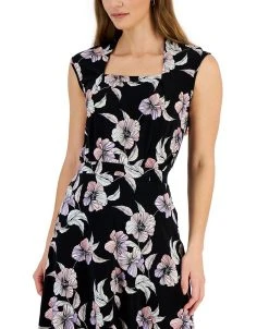 Kasper Women's Floral-Print Square-Neck Cap-Sleeve Top