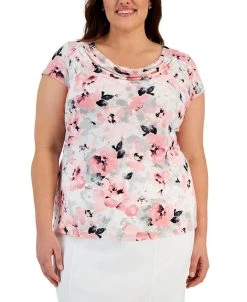 Kasper Plus Size Floral Knit Cowlneck Cap-Sleeve Top