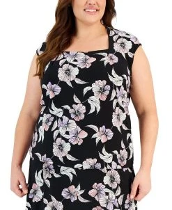 Kasper Plus Size Floral Square-Neck Cap-Sleeve Blouse