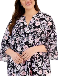 Kasper Plus Size Printed V-Neck Three-Quarter-Length Sleeve Top -Anne Klein Sales Store 23315141 fpx