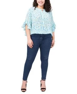 Vince Camuto Plus Size Printed Flutter Sleeve Henley Blouse -Anne Klein Sales Store 23325484 fpx