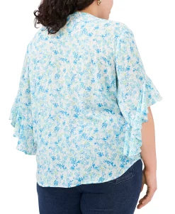 Vince Camuto Plus Size Printed Flutter Sleeve Henley Blouse -Anne Klein Sales Store 23325485 fpx