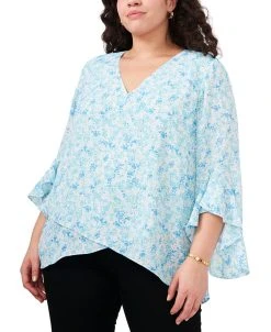 Vince Camuto Plus Size Printed Ruffle-Cuff 3/4-Sleeve Blouse