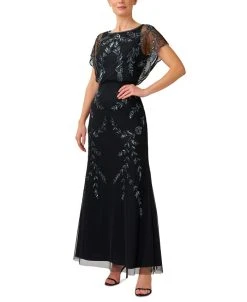 Papell Studio Women's Beaded Flutter-Sleeve Blouson Gown