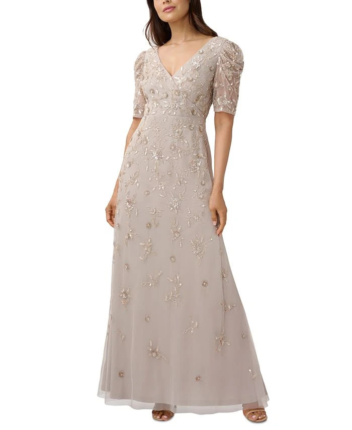 Adrianna Papell Women's Beaded Puff-Sleeve Surplice Gown 1 Adrianna Papell Women's Beaded Puff-Sleeve Surplice Gown