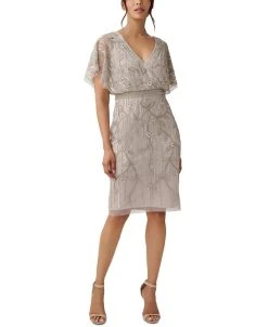 Adrianna Papell Women's Beaded Flutter-Sleeve Sheath Dress