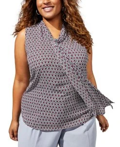 Bar III Plus Size Geo Print Sleeveless Bow-Tie Blouse -Anne Klein Sales Store 23338798 fpx