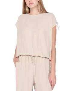 Black Tape Women's Drawstring-Shoulder Elastic Hem Crewneck Top